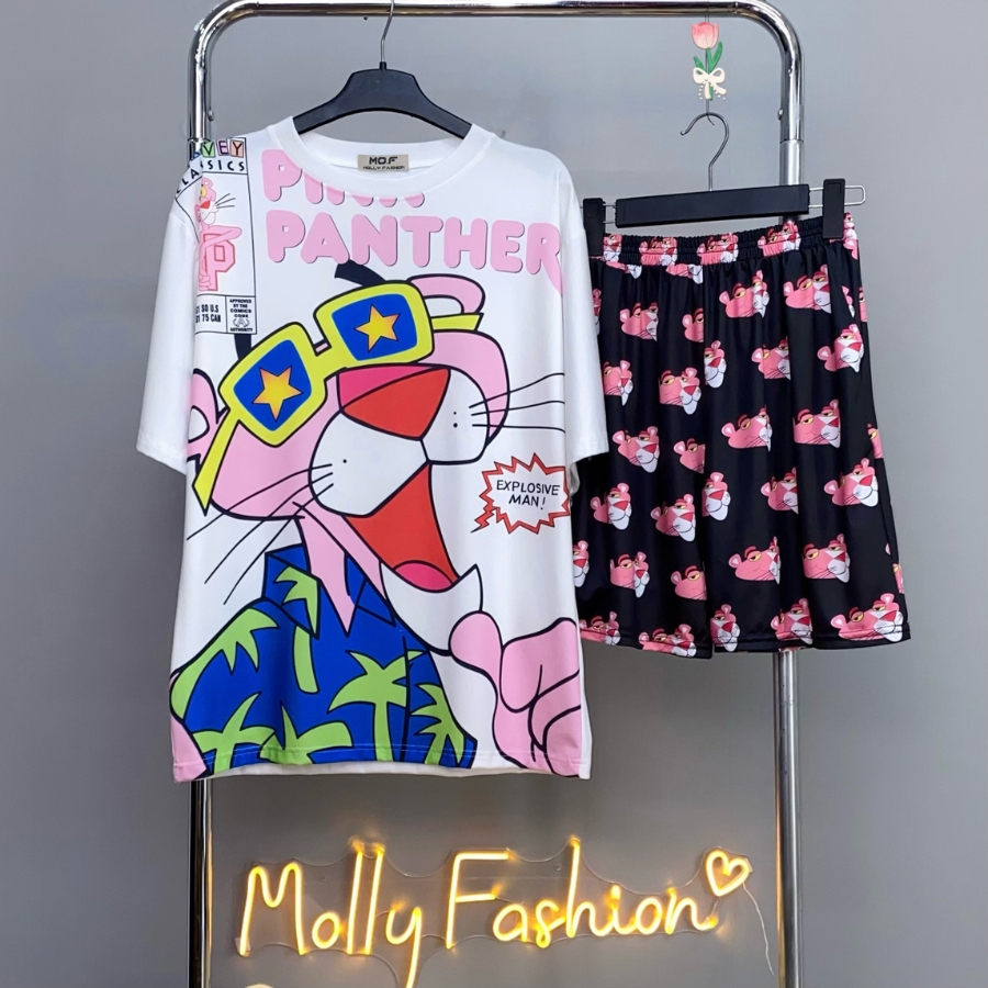 Đồ bộ unisex BÁO HỒNG freesize | Set áo thun quần short hoạt hình nam nữ Molly Fashion