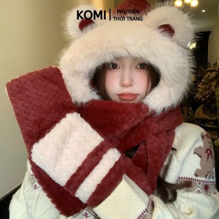  Mũ len nữ KOMI mũ lông trùm đầu cute kèm khăn quàng cổ tai thỏ dễ thương 