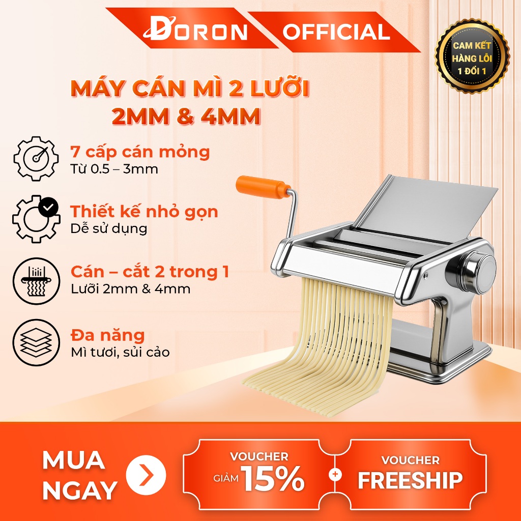 Máy cán bột, máy cán mì DORON 2 lưỡi dao làm mì tươi, vỏ bánh đa năng