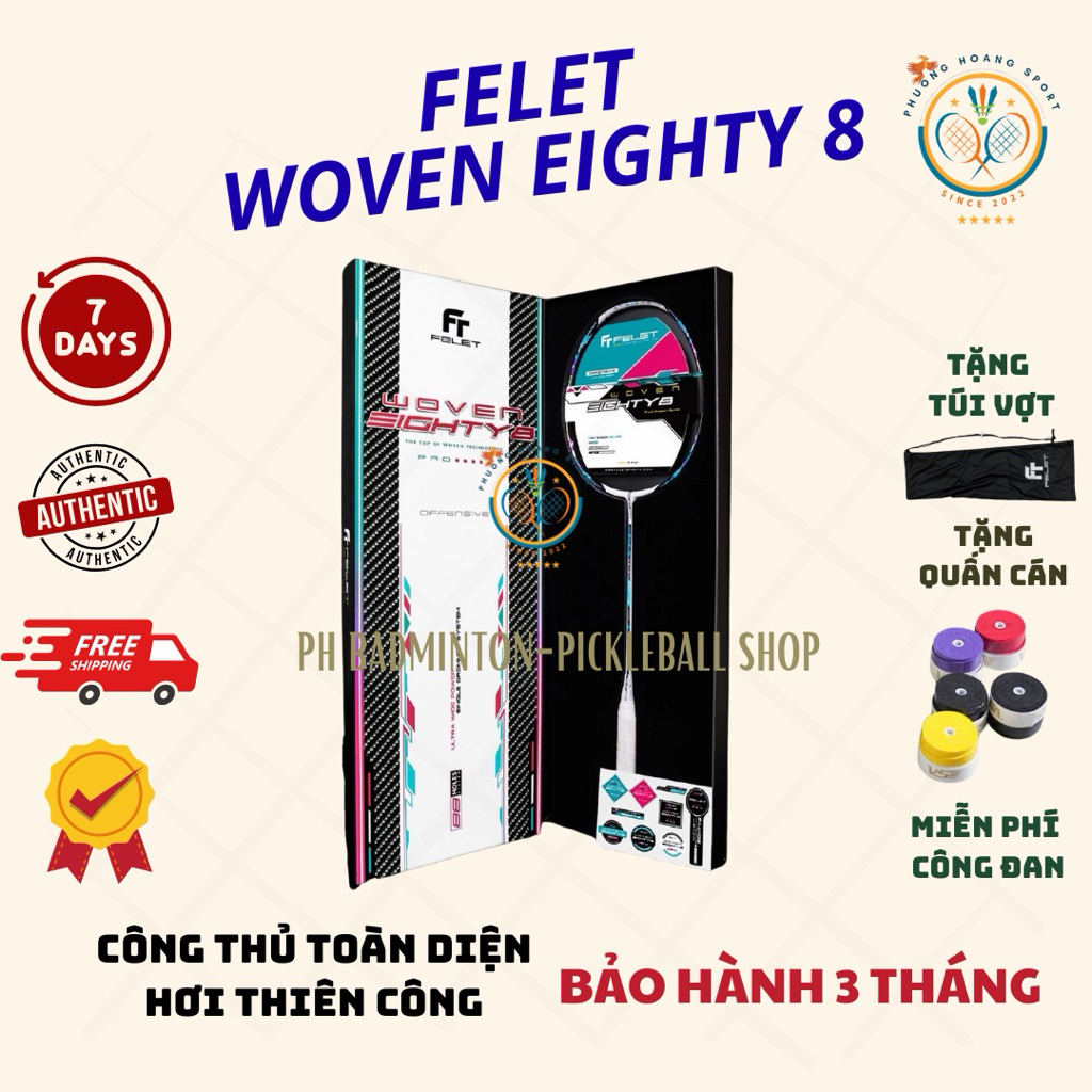 HOẢ TỐC [Đan cước- Tặng túi+Quấn] Vợt Cầu Lông Felet Woven Eighty 8 Chính Hãng, Bảo Hành 3 Tháng