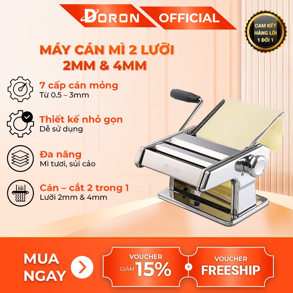 Máy cán bột làm mì DORON 2 lưỡi dao có điều chỉnh dày mỏng 6 cấp độ thuận tiện