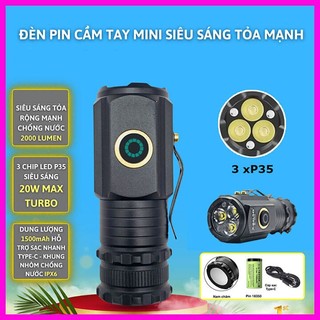  Đèn pin mini cầm tay siêu sáng toả chiếu xa 300m 350X Vỏ hợp kim nhôm chống nước IPX7 có móc gài nam châm 