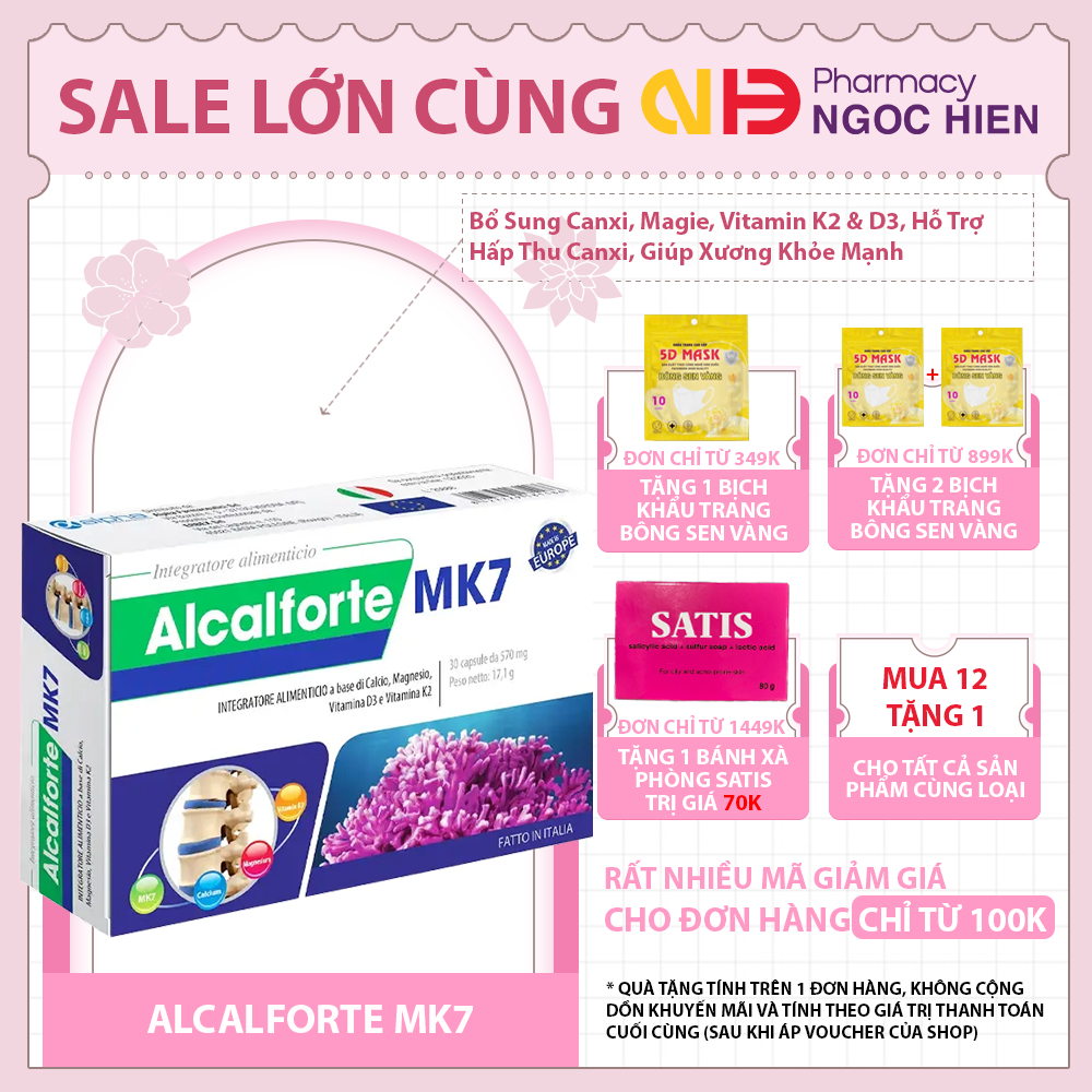 Canxi tảo biển ALCALFORTE MK7 - Bổ sung Canxi, Magie, Vitamin K2 & D3, hỗ trợ hấp thu canxi(30 viên)