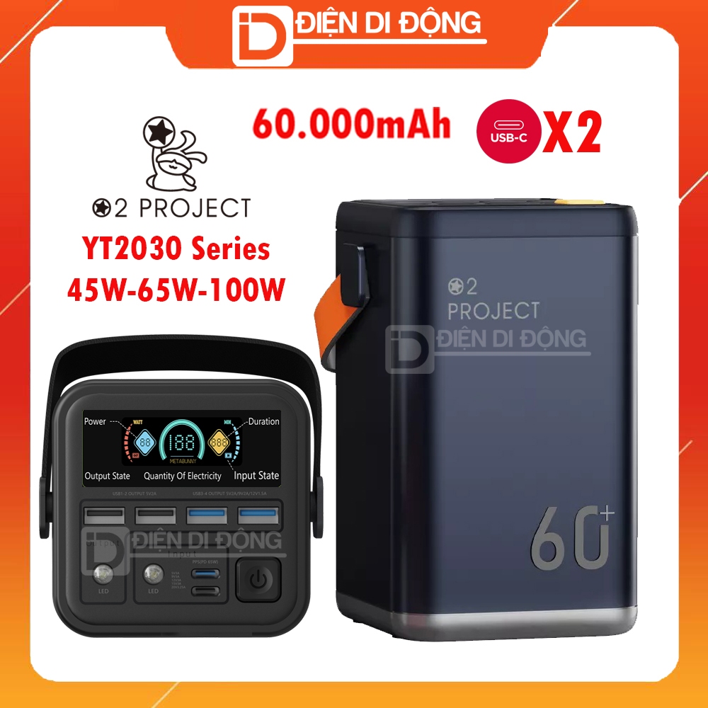 Sạc dự phòng 60000mAh O2 Project YT2030 Sạc nhanh PD 100W 65W 45W 20W tích hợp màn hình LCD