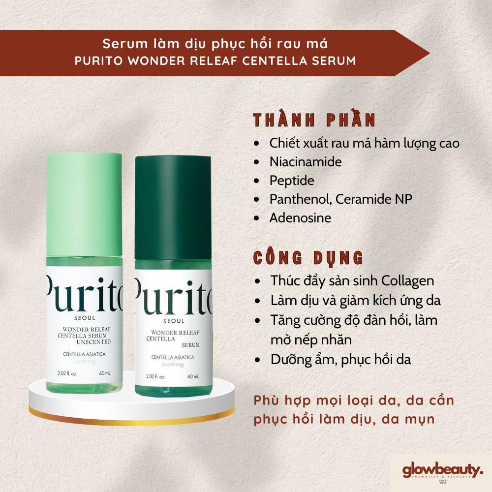 Serum 60ml làm dịu phục hồi rau má PURITO Wonder Releaf Centella Serum [Glow Beauty]