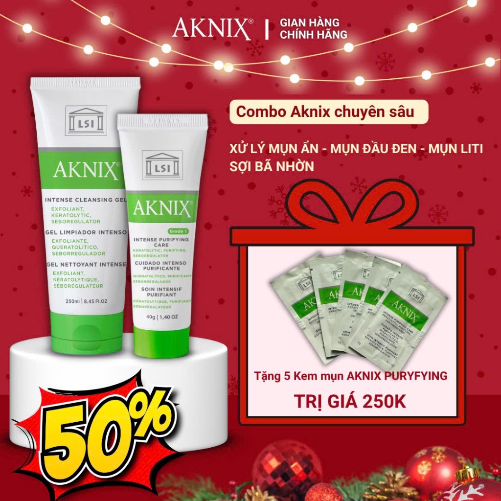 Combo AKNIX Giảm Mụn Đầu Đen, Mụn Ẩn, Sợi Bã Nhờn (Kem mụn Aknix Purifying + sữa rửa mặt Aknix Inten