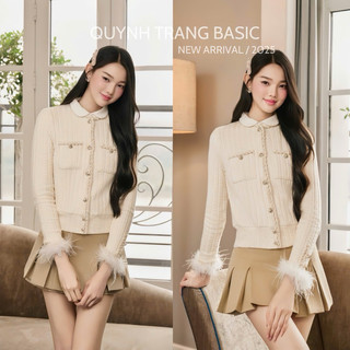  Luca Top Áo Len cừu cardigan Cúc đá Bling Phối viền Ren Lấp lánh thỏ Tiểu thư Phong cách thanh lịch - QuynhTrangBasic 