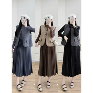  Set váy suông cao cấp   Quảng Châu loại 1   chất len mềm co giãn gồm một váy thun chân xếp + ghile dạ 