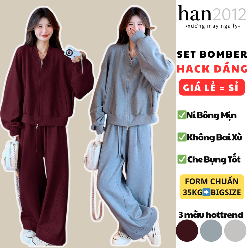 Set Bộ Nỉ Nữ Màu Đỏ Mận Hot Trend - Áo Bomber Quần Ống Rộng Hack Dáng (Size 35kg-Bigsize) - han2012