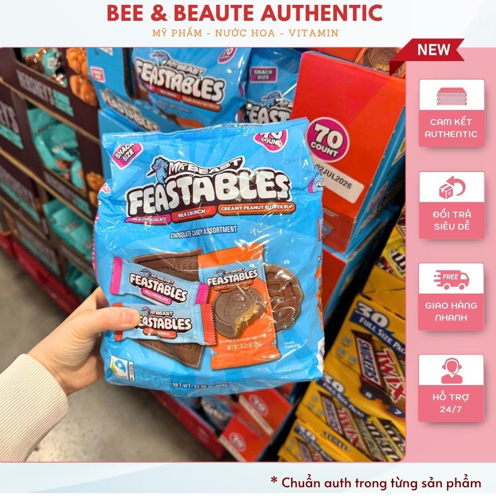 Socola MrBeast túi 70 gói có 3 vị Milk Chocolate, Milk Crunch,Creamy Peanut Butter Cup- Date 05/2026