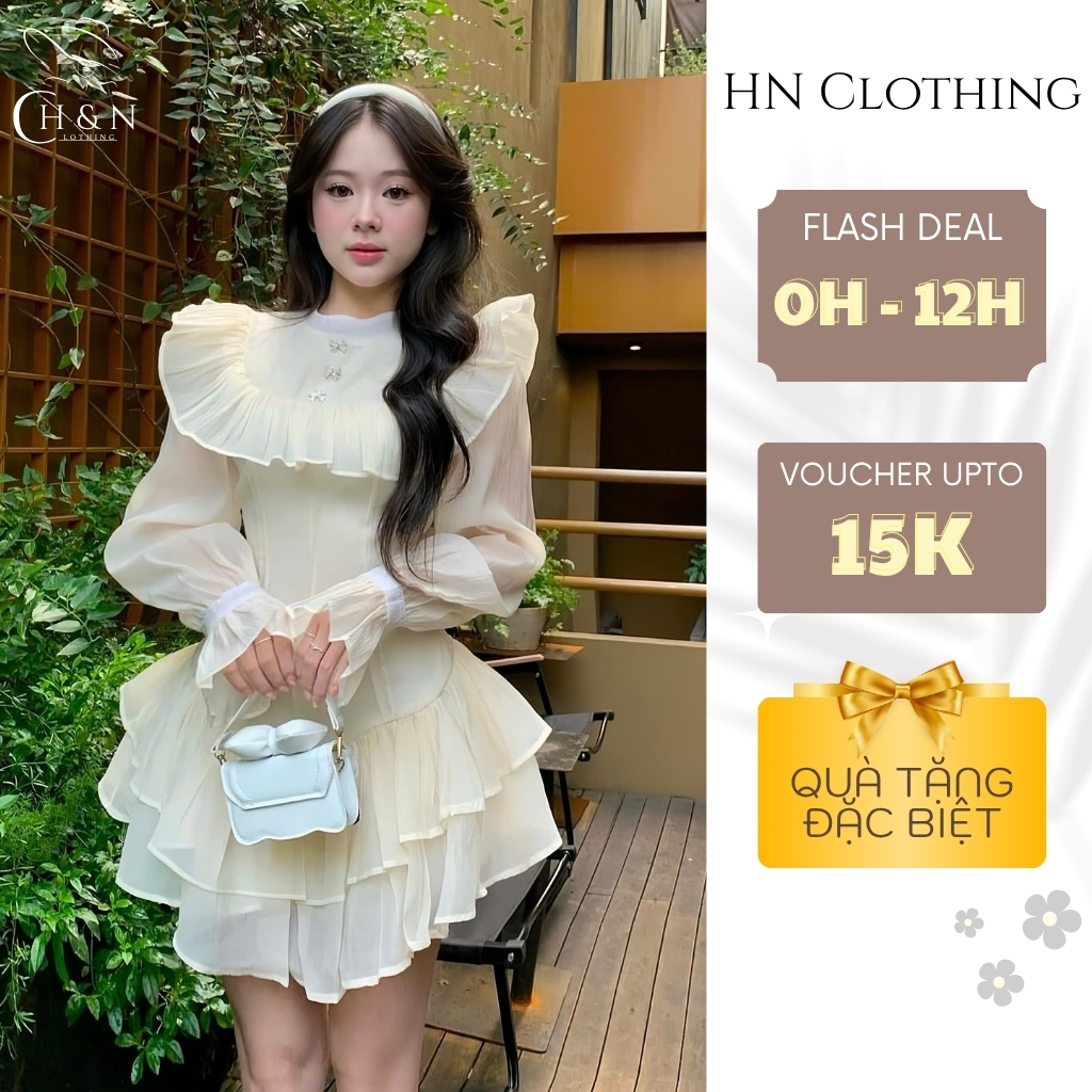 Váy dự tiệc tay bồng cổ tròn đính nơ đi tiệc đầm thiết kế xếp tầng sang chảnh HN Clothing V292