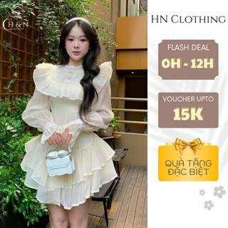 Váy dự tiệc tay bồng cổ tròn đính nơ đi tiệc đầm thiết kế xếp tầng sang chảnh HN Clothing V292