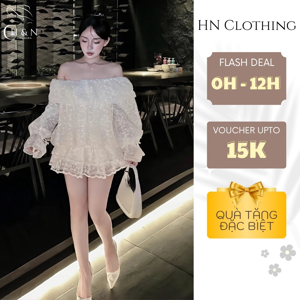 Set váy trễ vai thiết kế sang chảnh đầm nữ ren tay loe phối chân váy dự tiệc HN Clothing S84