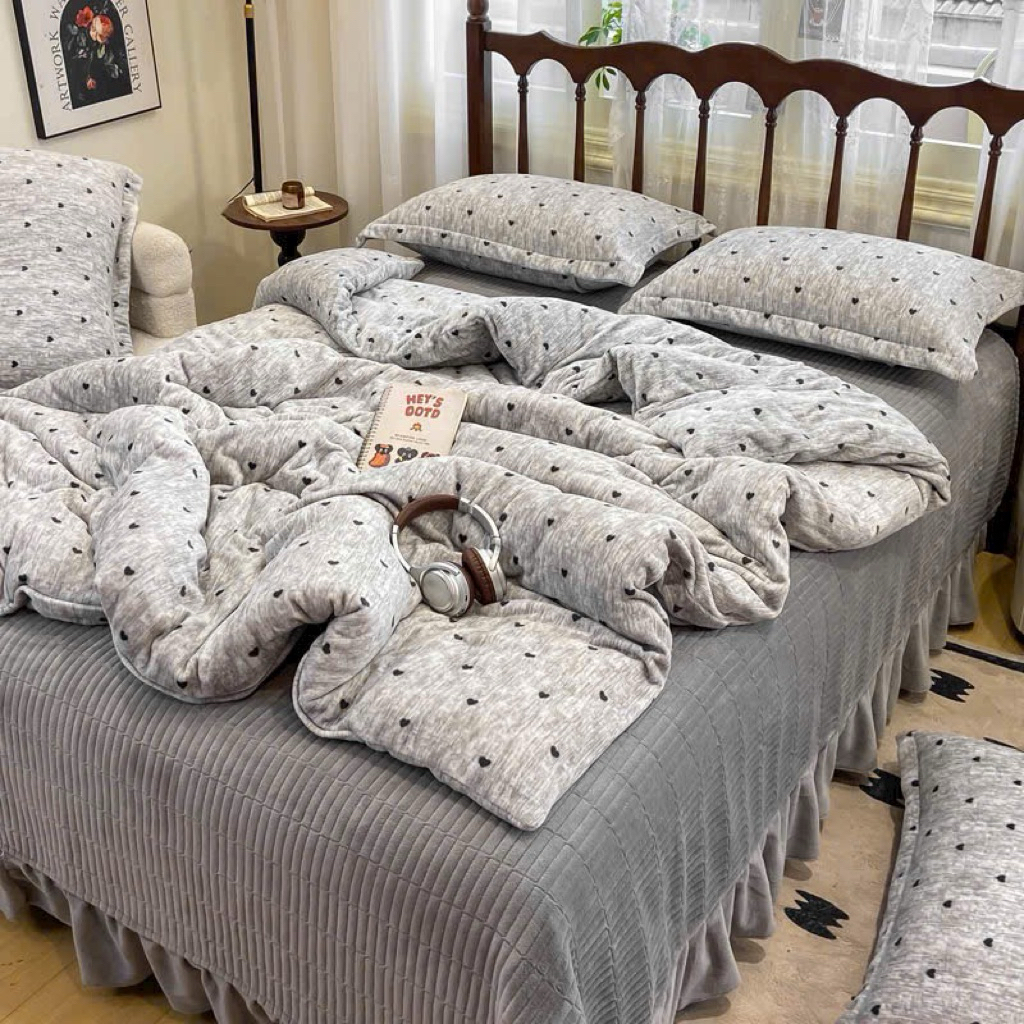 Bộ Chăn Ga Gối Nỉ Nhung Ga Trần Phủ Hoạ Tiết Vintage Xinh Xắn-Mẫu Mới