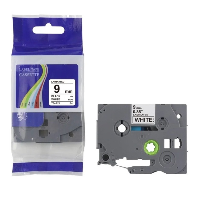Nhãn in tương thích Brother Tze - 221 (Khổ 9mm x Dài 8m)