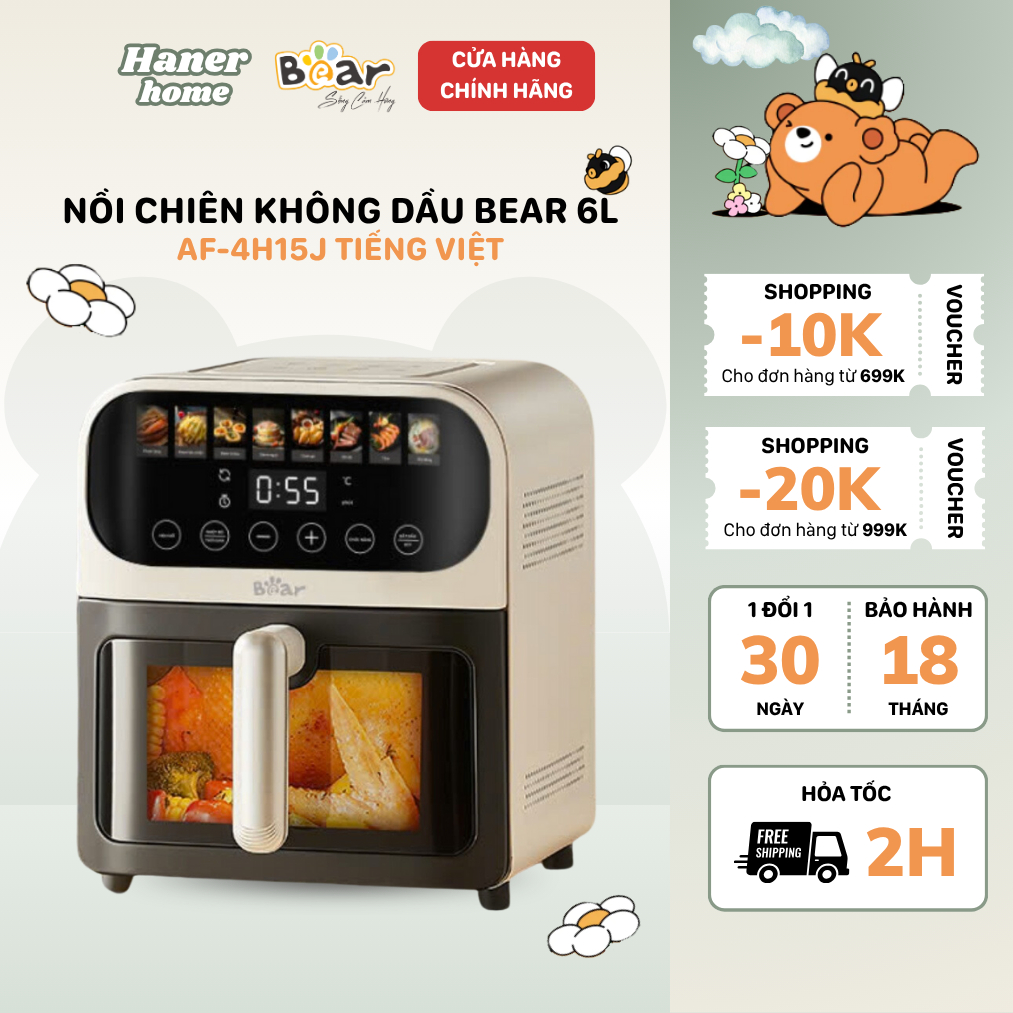 Nồi Chiên Không Dầu Bear 6L Cảm Ứng Đa Năng Nướng Bánh Chiên Nướng Hơi Nước Giảm Dầu Mỡ AF-4H15J