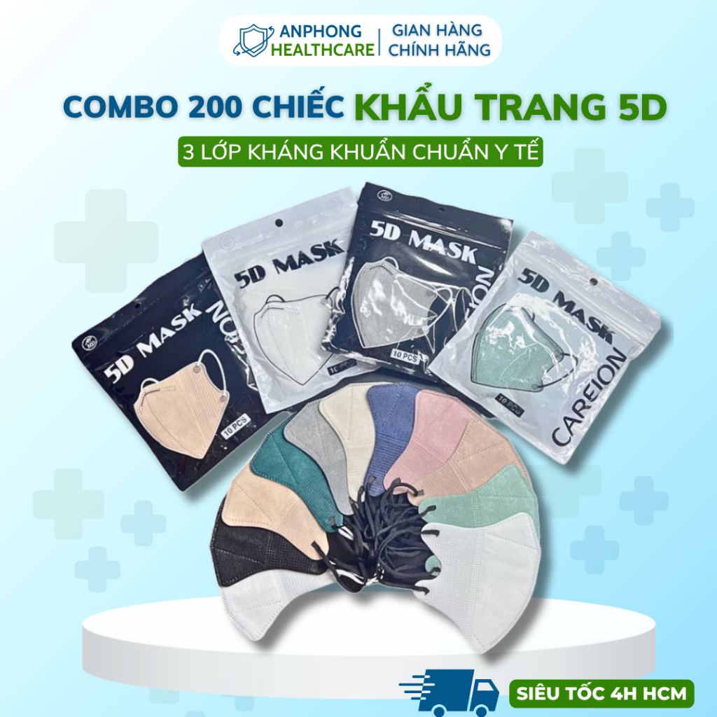 [Set 200 Chiếc] Khẩu trang 5D An Phong , 5D CAREION Kháng Khuẩn, Dày Dặn, Nhiều Màu Sắc - An Phong Mask