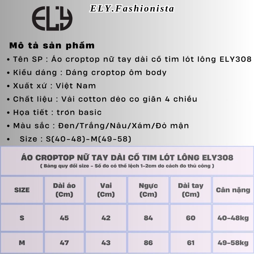 Áo Croptop nữ Cổ Tim ELY Dài Tay Lót Lông Giữ Nhiệt Nữ Form Ôm Co Giãn Mặc Đẹp Đi Học Đi Chơi ELY308 | BigBuy360 - bigbuy360.vn