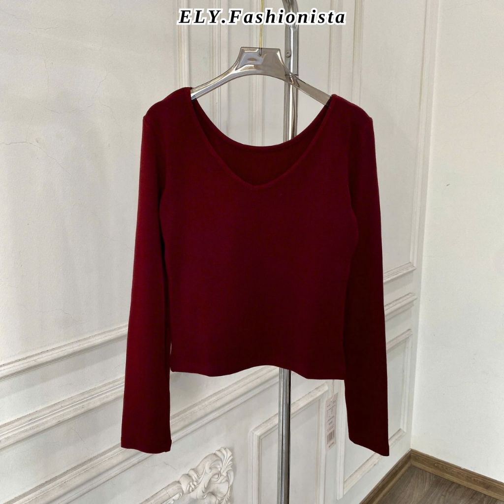 Áo Croptop nữ Cổ Tim ELY Dài Tay Lót Lông Giữ Nhiệt Nữ Form Ôm Co Giãn Mặc Đẹp Đi Học Đi Chơi ELY308 | BigBuy360 - bigbuy360.vn