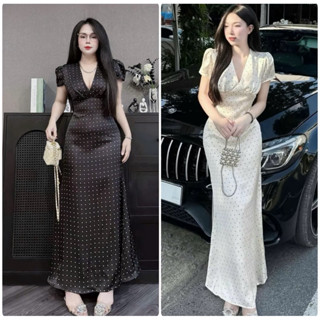   BÈO BÉO BIGSIZE   VÁY MIDI CỔ V CHẤM BI CHIẾT EO DÁNG DÀI ĐUÔI CÁ FORM BIGSIZE 60-90KG 