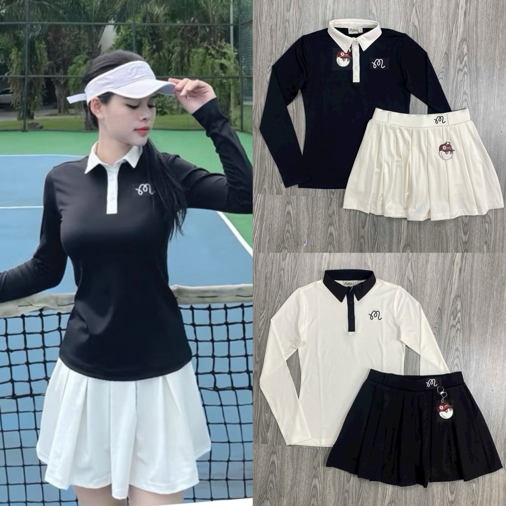 Set Bộ Váy Tennis Xếp Ly Và Áo Tay Dài Có Cổ MB Vải Thun Xịn Chơi Cầu Lông, Golf, Tennis MB02