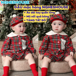   TẶNG TẤT ĐỎ  Suit Caro TẾT Kẻ Đỏ Phối Cổ Trắng Tặng Mũ Cục Bông Mềm Mịn Thoáng Mát Dành Cho Bé Trai Bé Gái 