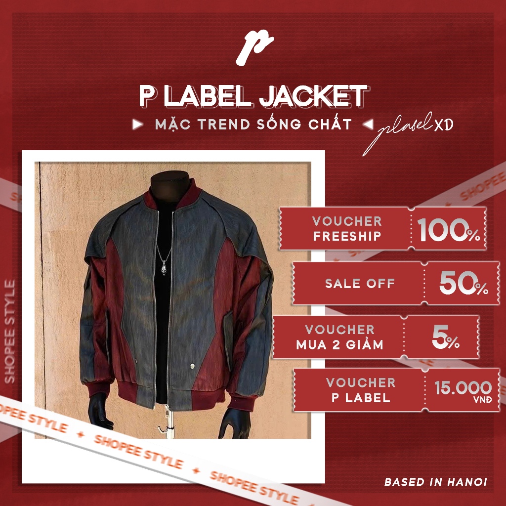 Áo Khoác P LABEL Bomber Unisex Form Rộng Đỏ Đen – Áo Khoác Streetwear Nam Nữ, Bomber Vintage Phối Mà