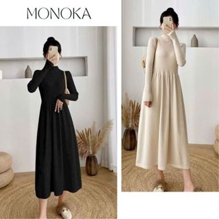  Váy len cổ cao 3 cm dáng xòe dài Đầm nữ dài tay thu đông basic thanh lịch đen be maxi bigsize bầu xinh trẻ T1444G 