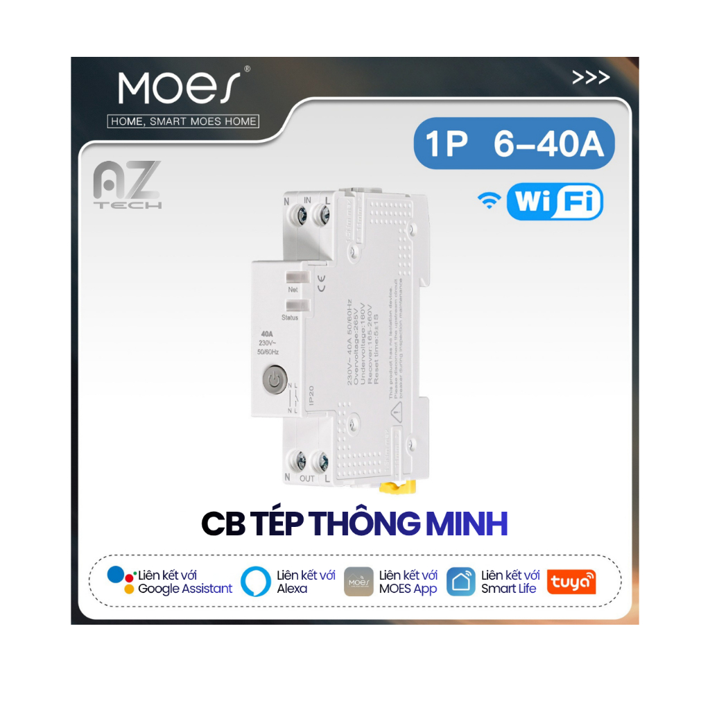 CB Tép thông minh WIFI 6-40A Tuya MOES, 1Pha  (Aptomat đo điện năng, bảo vệ quá tải).
