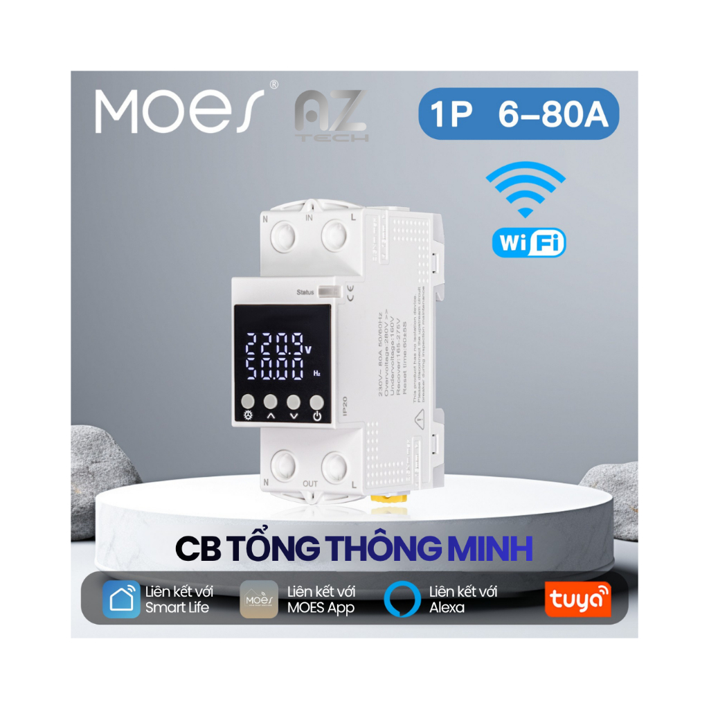 CB Tổng thông minh 1P 6- 80A, Tuya (WIFI) MOES (Aptomat đo điện năng, bảo vệ quá tải)