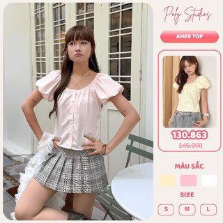   CÓ BIGSIZE  Áo Sơ Mi AMEE TOP Tay Phồng Cổ Tròn Trễ Vai Áo Croptop Tay Ngắn Buộc Dây Sau Lưng Poly Studios 