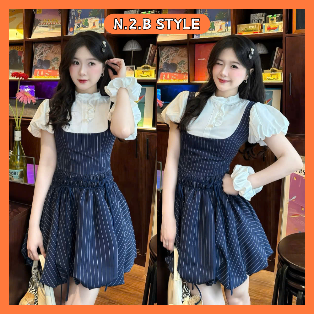 Váy Yếm Tiểu Thư Kẻ Xanh Cổ Bèo Phối Thô Tay Bồng Dáng Bí Kèm Nơ Tóc Có Quần Bảo Hộ Rời