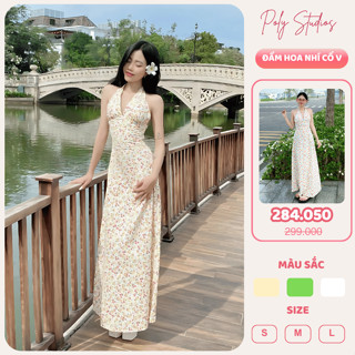  Đầm Cổ Yếm Hoa Nhí Dáng Dài Hở Lưng Đầm Chiết Eo Phong Cách Vintage Poly Studios 