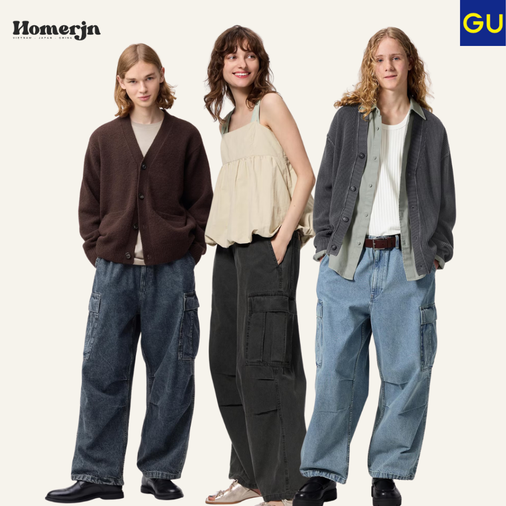 [GU JAPAN] DEAL SALE - Quần Cargo Jeans Phom Rộng Túi Hộp Nam Nữ Unisex