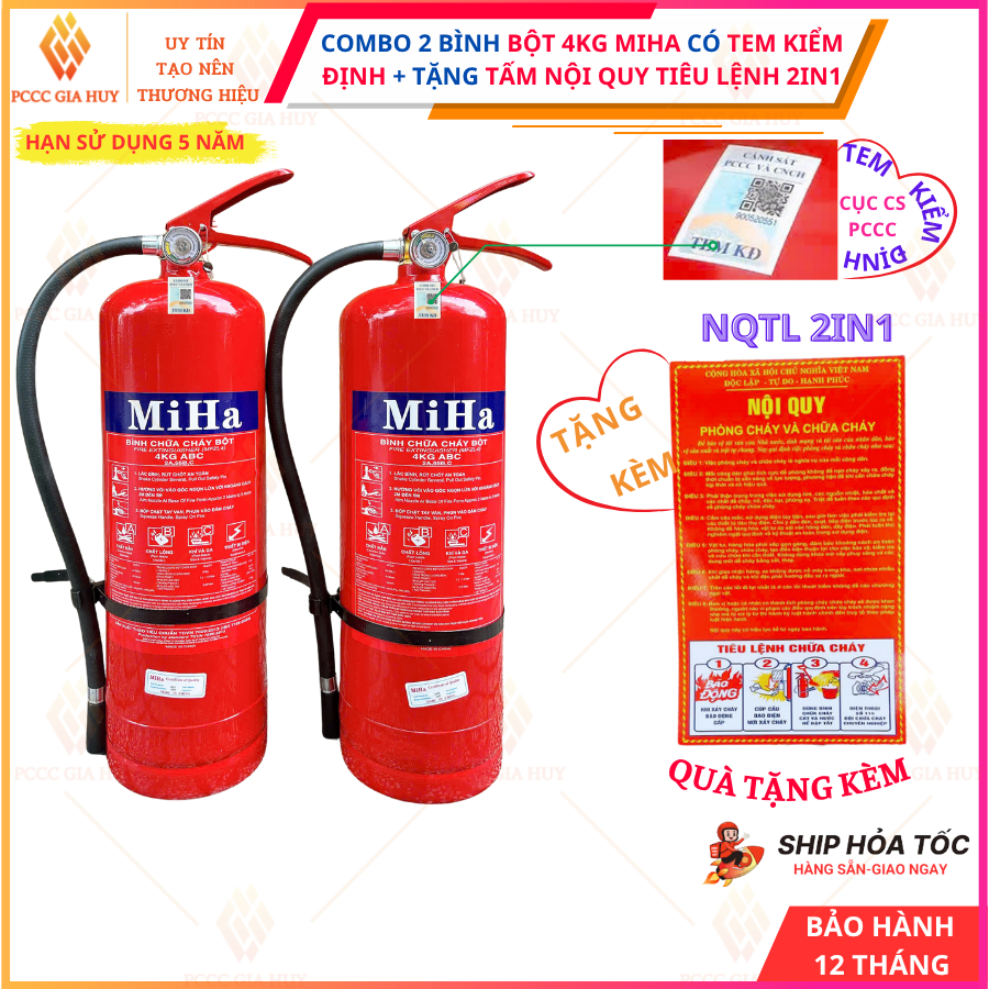  {CÓ KIỂM ĐỊNH}Combo 2 bình chữa cháy bột ABC 4kg  có tem KĐ-Tặng Nội quy tiêu lệnh 2IN1 