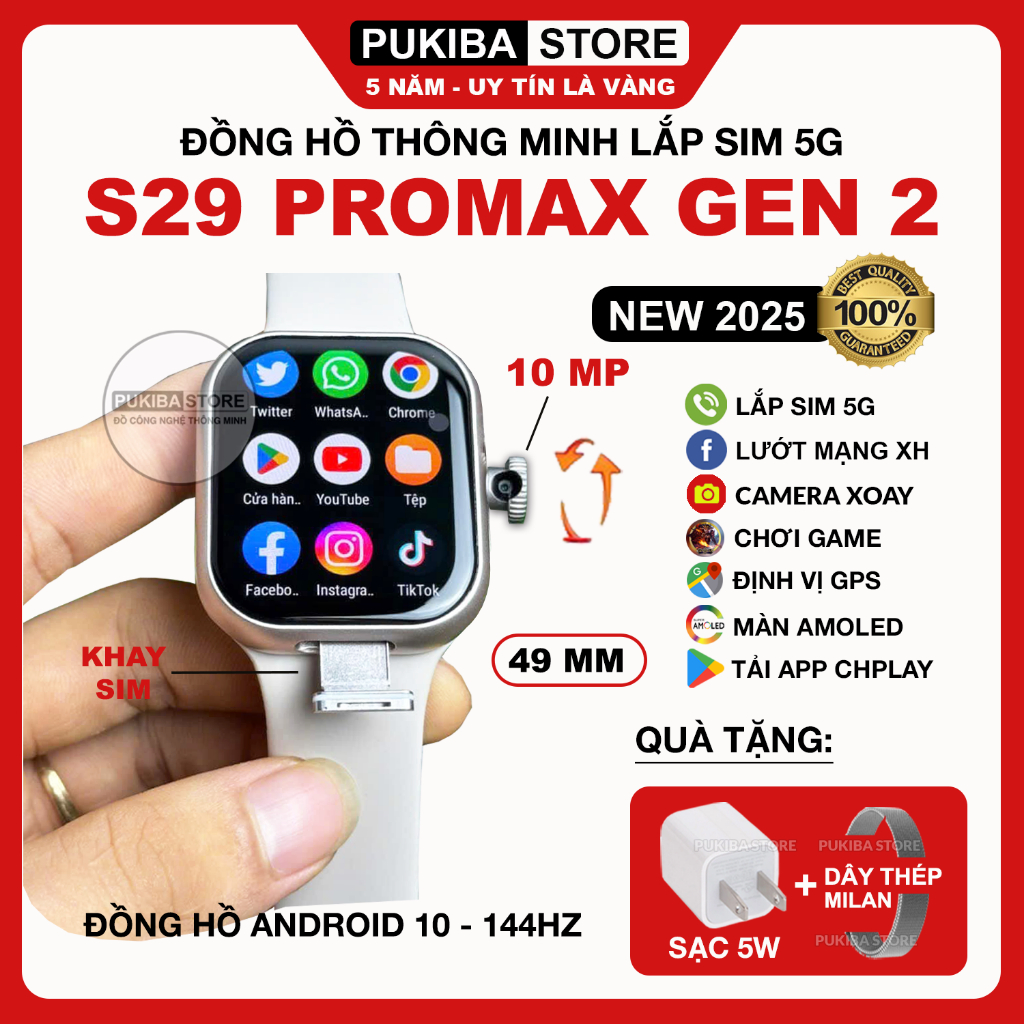 Đồng Hồ Thông Minh S29 Pro Max Gen 2 2025 Lắp sim 5G, Camera 10MP, Wifi, Lướt MXH, Tải App CHplay, A
