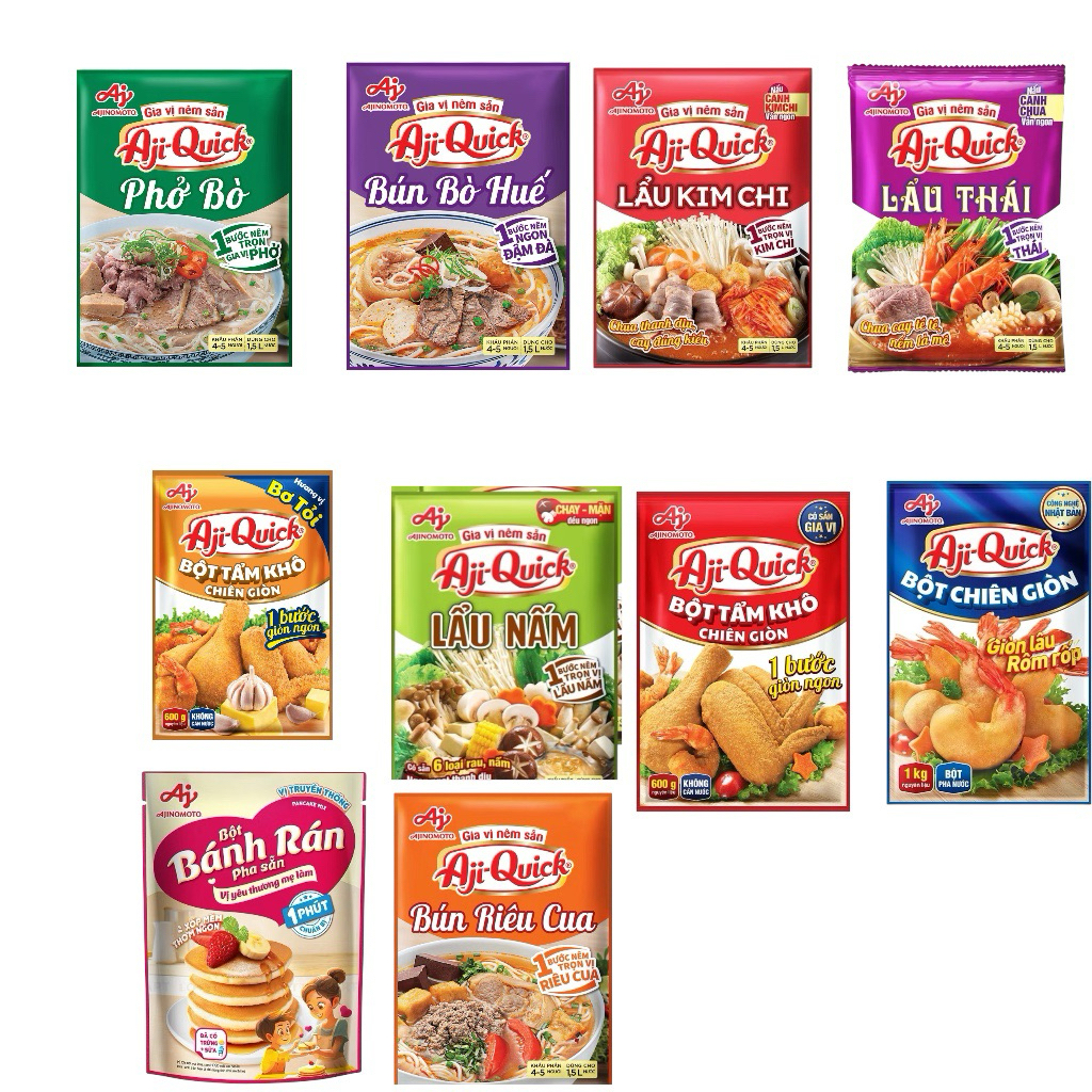 Lẩu Thái, Phở Bò, Bún Bò Huế,Lẩu Nấm, Lẩu Kim Chi, Chiên Giòn Aji-Quick 55g Ajiquick