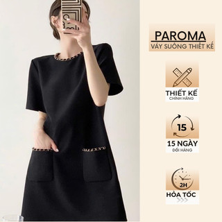 PAROMA-Đầm Đen Sang Chảnh Váy Suông ĐenTrắng Đầm Bigsize Che Bụng Đính Xích Có Túi D054