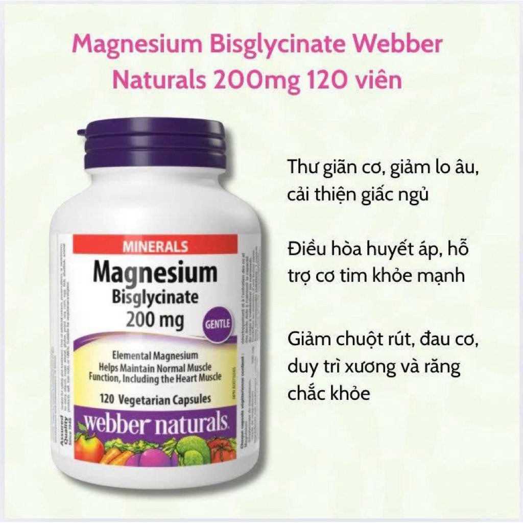 Viên uống Magie hỗ trợ sức khoẻ Magnesium Bisglycinate Webber Naturals 200mg 120 viên