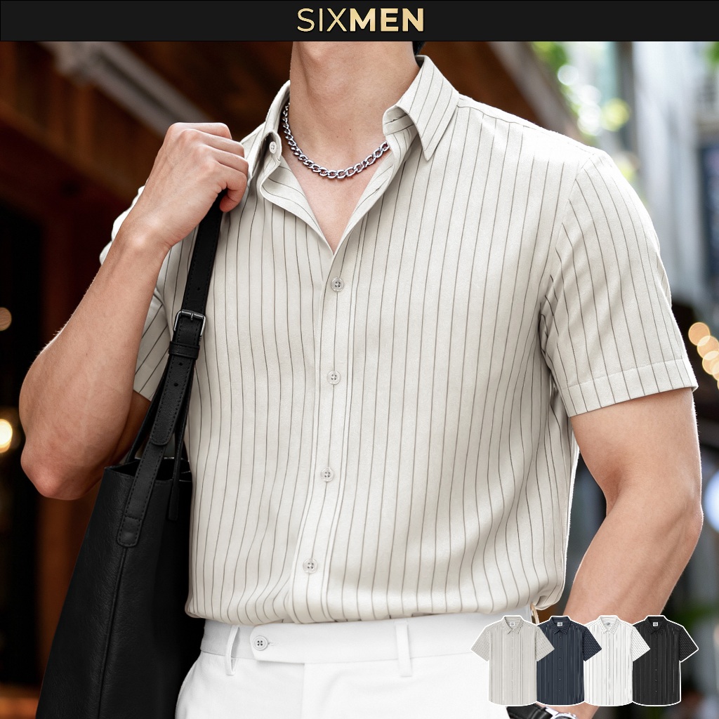 Áo Sơ Mi Nam Sọc Ngắn Tay RAVEN – Chống Nhăn, Vải Mịn Thoáng Mát, Form Tôn Dáng – SIXMEN