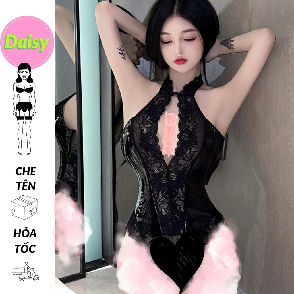 Bodysuit da bóng phối ren xuyên thấu sexy - đồ lót nội y liền thân lọt khe gợi cảm