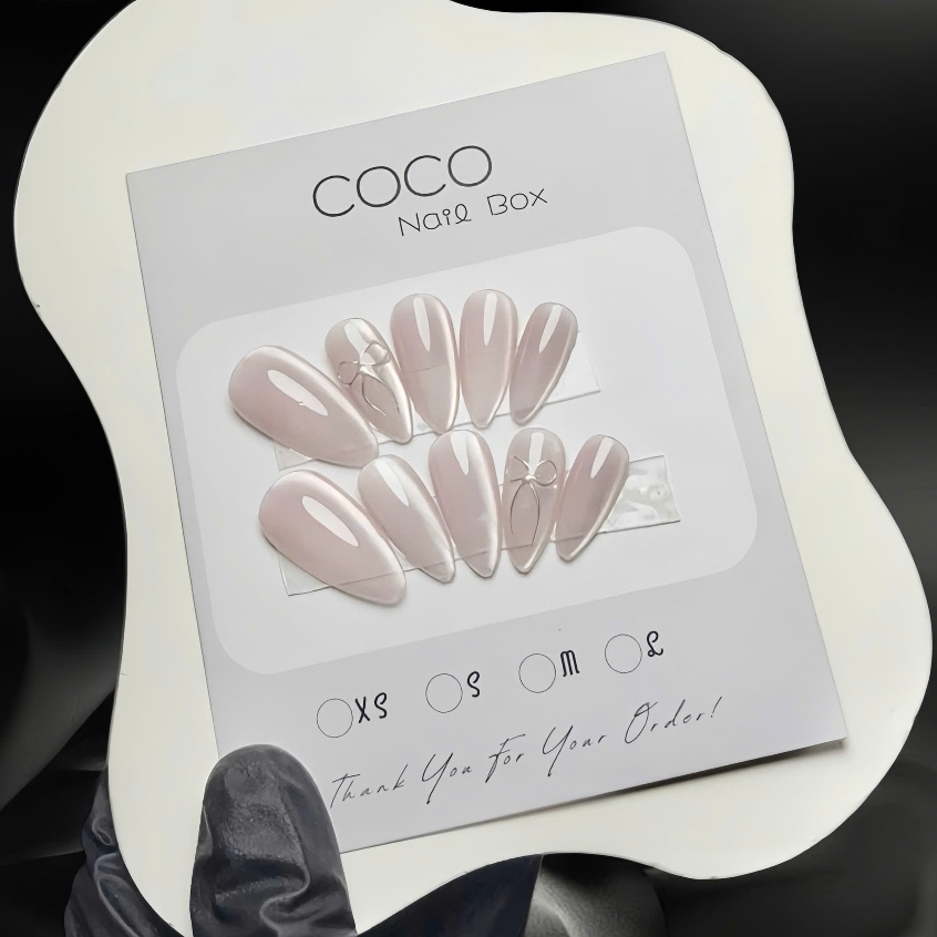 Móng úp tay, Nailbox thiết kế - C068 màu mắt mèo vẽ nơ tráng gương bạc sáng lấp lánh Coco Nailbox