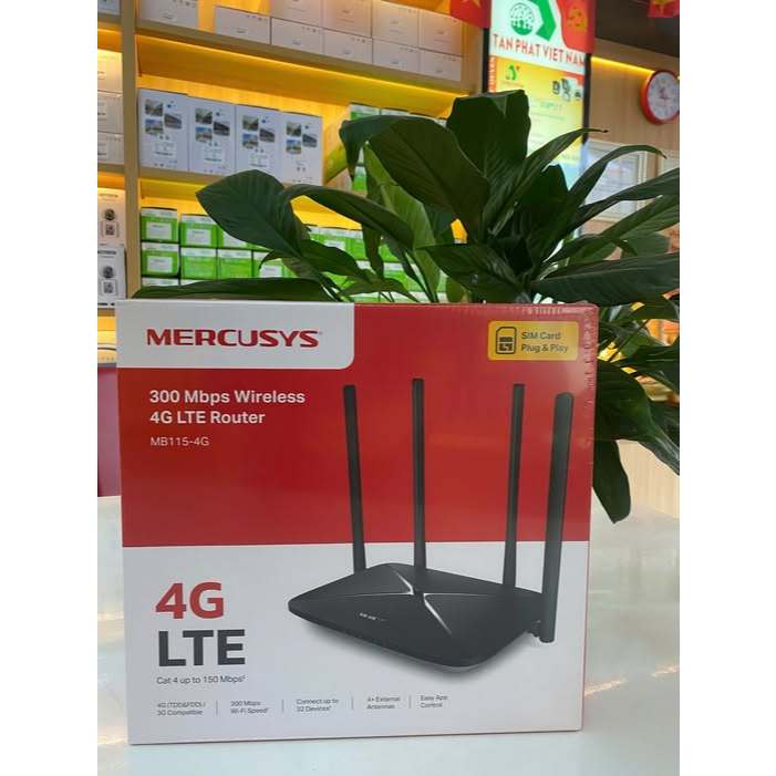 Bộ phát Wifi 4G LTE Mercusys MB115-4G 300Mbps (4 Anten, 1 Khe Sim, tốc độ 300Mb, 35 User)