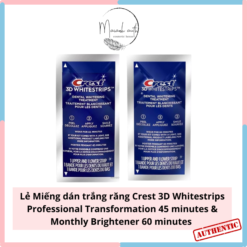 Miếng dán trắng răng Crest 3D White Professional Effects & 1 Hour Express (Lẻ 1 gói/ 2miếng)