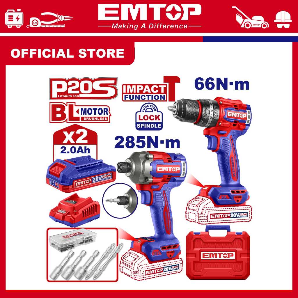 EMTOP Combo Máy khoan động lực và Máy chuyên vít dùng pin 20V ECKL20277