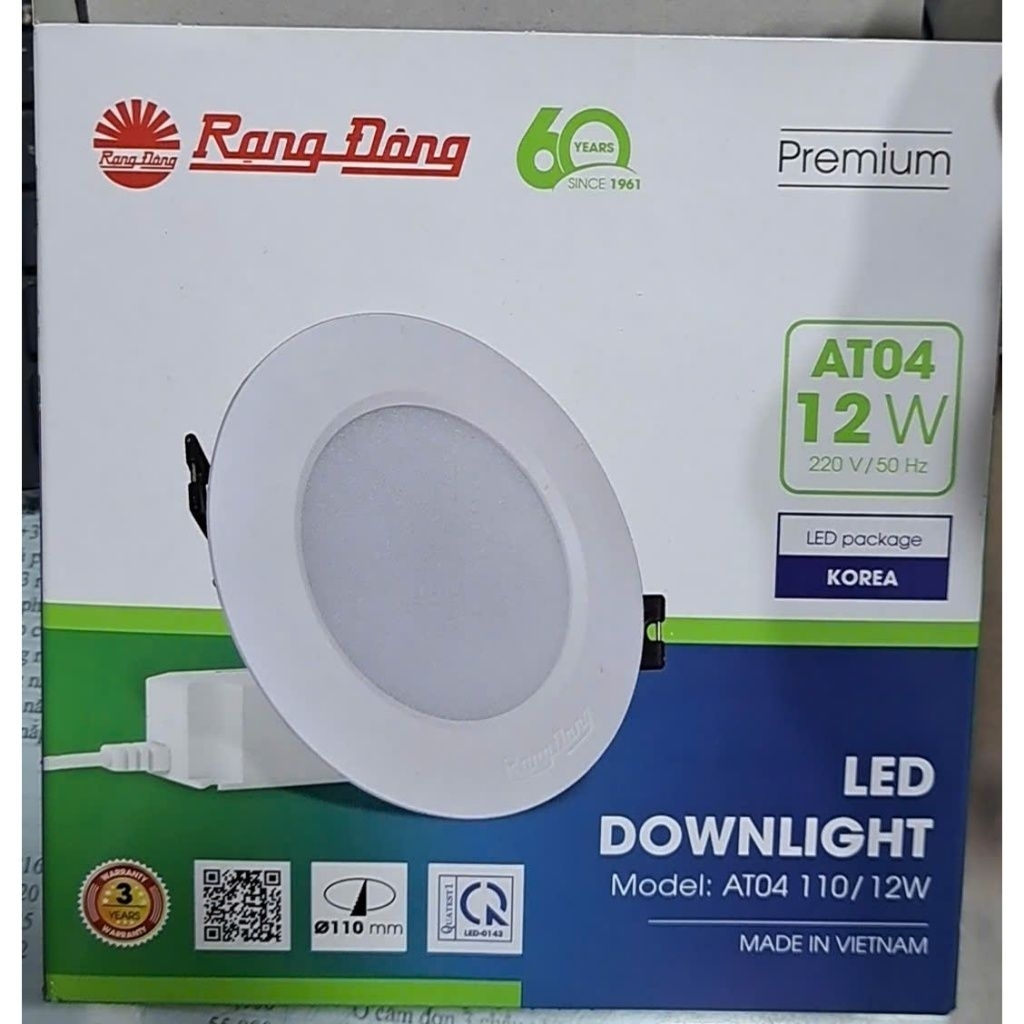 Đèn led âm trần Rạng Đông AT04 12W lỗ khoét 110mm bảo hành 1 năm
