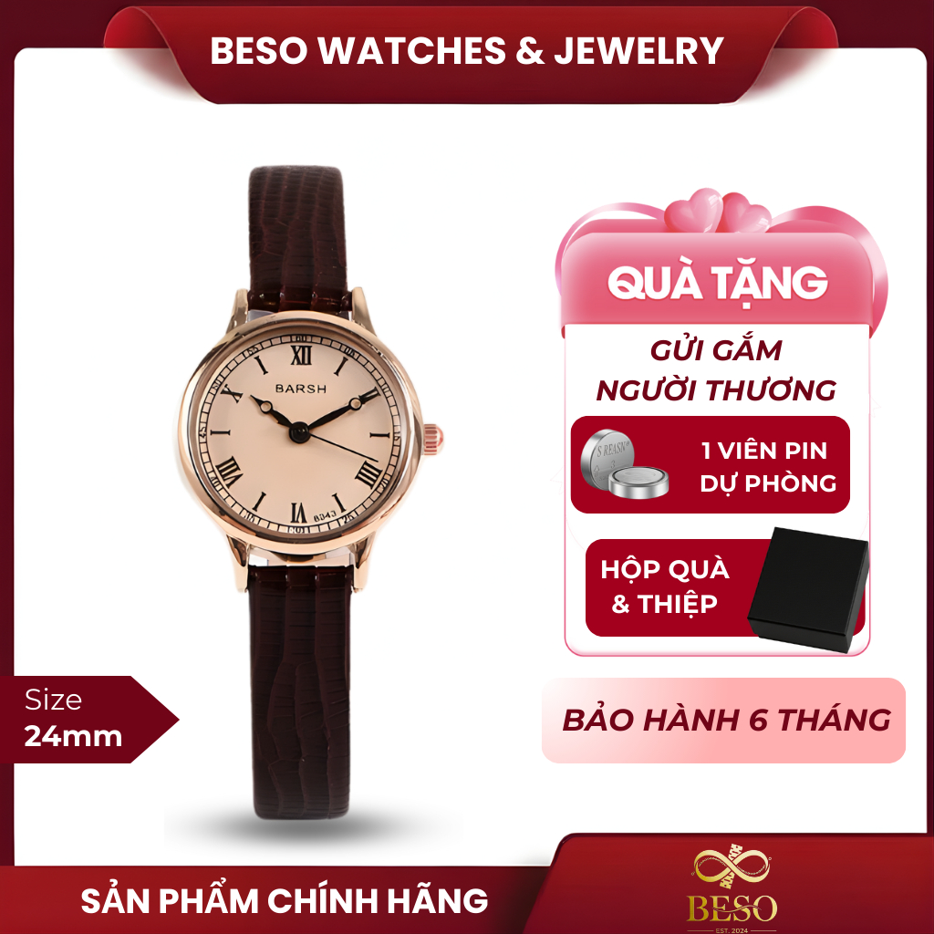 [Xả kho] Đồng hồ nữ tay nhỏ dây da vintage BARSH Beso Watches mặt nhỏ sang chảnh tiểu thư