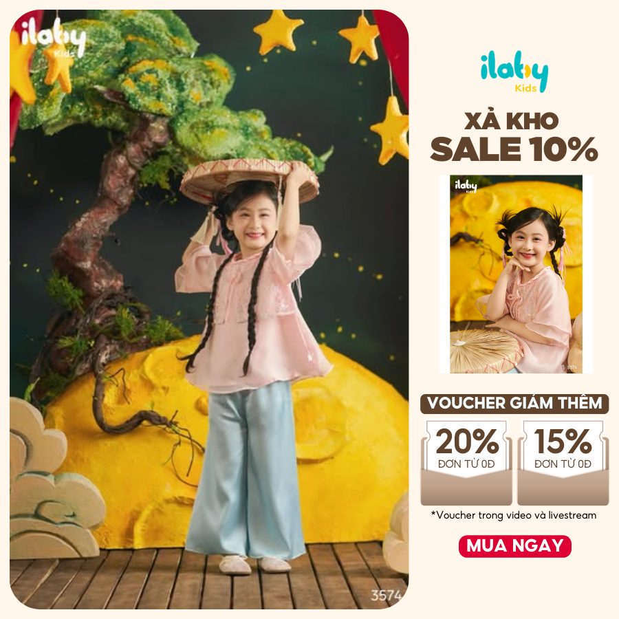 Bộ đồ Tết bé gái ILABY set pháp phục bé gái áo hồng thêu hoa phối quần xanh sang trọng [3574]