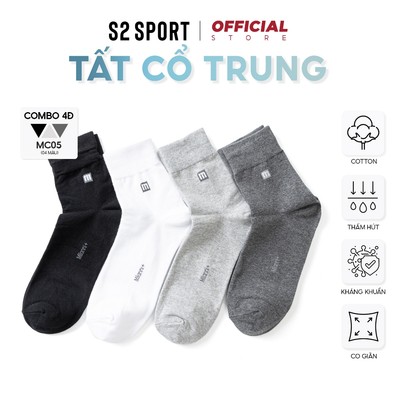 COMBO 04 Đôi Tất, vớ nam trơn S2 SPORT cổ trung bamboo sợi tre dệt liền basic nano khử mùi MC05.CB4