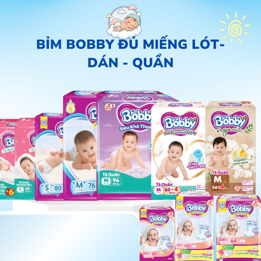 Tã Bỉm Bobby  Mỏng Khô Thoáng  full dán quần miếng lót NB1/NB2 dán NB70/S80/M76/ size quần M96/L88/X